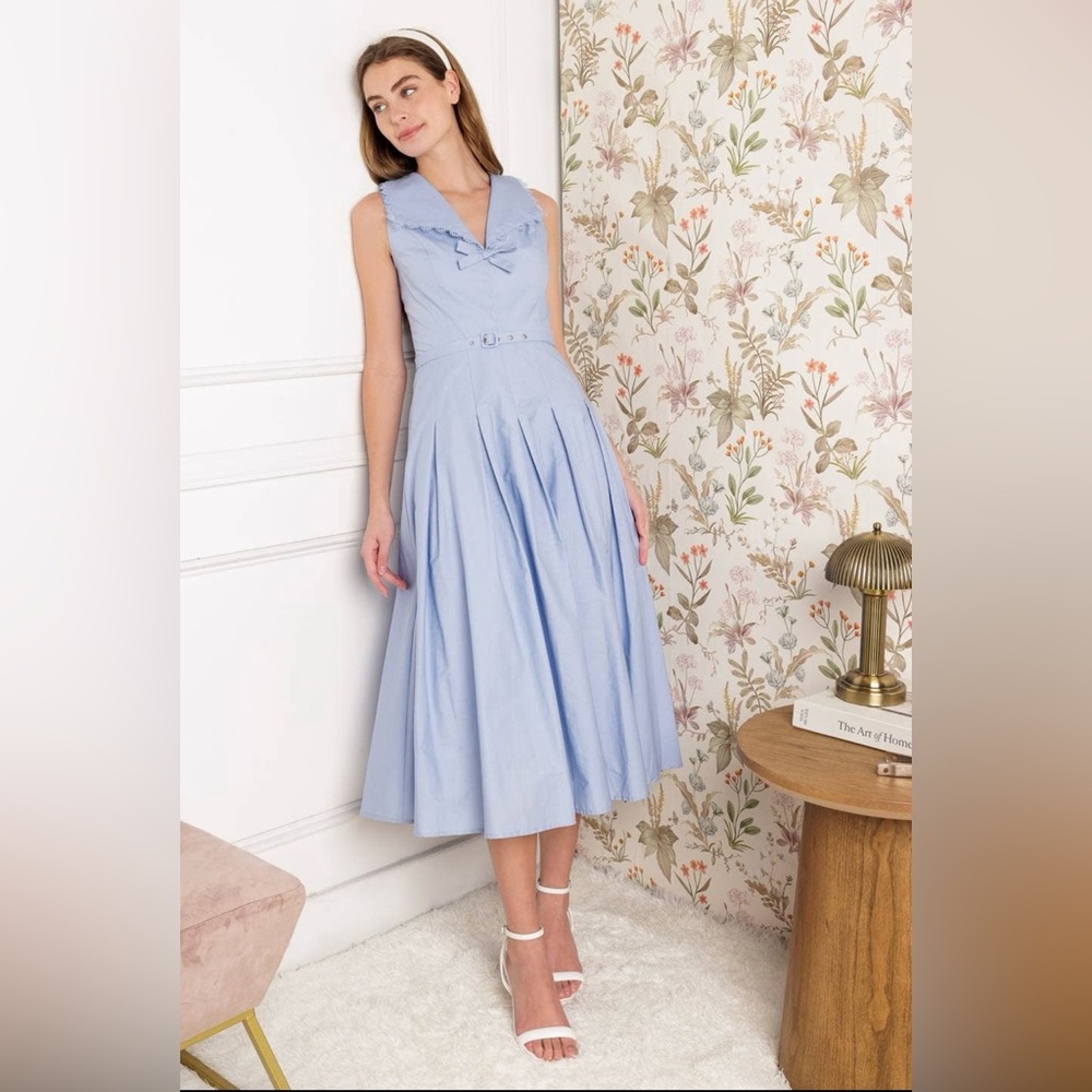 NWT Boutique Odette Light Blue Vintage Midi Dress|Sleeveless Pleated Fit & Flare